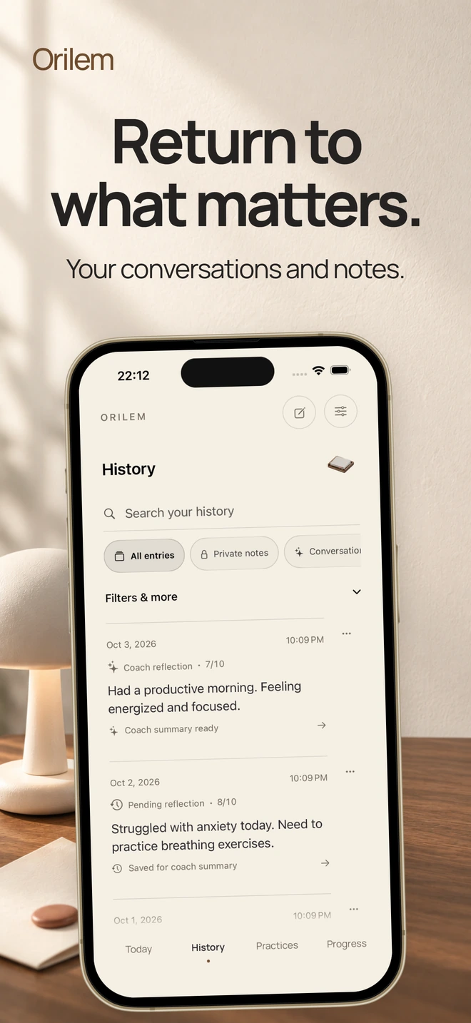 Orilem preview: saved conversations and personal notes in History